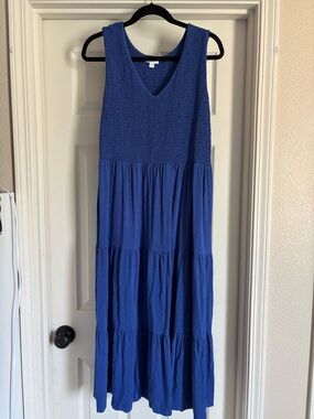 J. Jill Smocked V-Neck Tiered Maxi Dress in Cobalt Blue